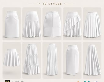 Puede incluir: Una colección de diez faldas blancas de diferentes estilos. La imagen presenta faldas plisadas, con volantes y de línea A. El texto "SKIRT COLLECTION" y "10 STYLES" se muestra en la parte superior.