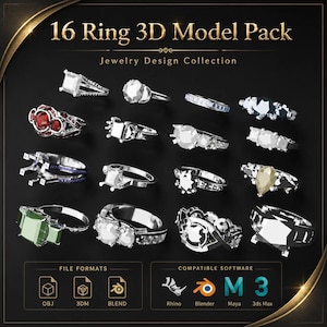 Puede incluir: Una colección digital titulada 16 Ring 3D Model Pack Jewelry Design Collection que presenta dieciséis diseños de anillos distintos con varios cortes de piedras preciosas y bandas metálicas. Incluye iconos para formatos OBJ, 3DM, BLEND y software.