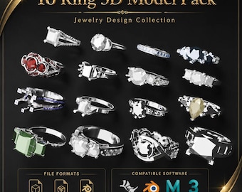 Puede incluir: Una colección digital titulada 16 Ring 3D Model Pack Jewelry Design Collection que presenta dieciséis diseños de anillos distintos con varios cortes de piedras preciosas y bandas metálicas. Incluye iconos para formatos OBJ, 3DM, BLEND y software.