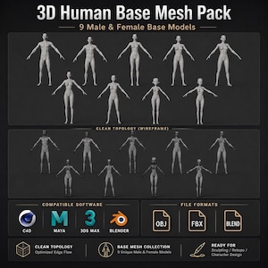 Pode incluir: Gráfico digital mostrando um pacote de malha base humana 3D. A imagem exibe 9 modelos base masculinos e femininos em estilo wireframe. Software compatível inclui C4D, Maya, 3DS Max e Blender. Formatos de arquivo incluem OBJ, FBX e BLEND.