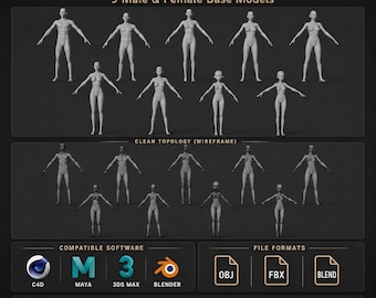 Puede incluir: Gráfico digital que muestra un paquete de malla base humana 3D. La imagen muestra 9 modelos base masculinos y femeninos en estilo de estructura alámbrica. Software compatible: C4D, Maya, 3DS Max y Blender. Formatos de archivo: OBJ, FBX y BLEND.