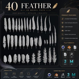 May include: A digital collection titled 40 FEATHER 3D MODEL PACK featuring forty distinct gray feather models arranged in rows on a black background, with text detailing product features, file formats, and software compatibility icons.