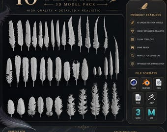 Puede incluir: Una colección digital titulada 40 FEATHER 3D MODEL PACK que presenta cuarenta modelos de plumas grises distintos dispuestos en filas sobre un fondo negro, con texto que detalla características, formatos y compatibilidad de software.