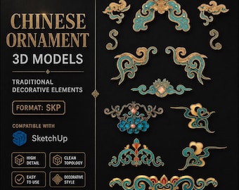 Puede incluir: Una colección de adornos decorativos dorados y verde azulado con intrincados motivos florales y de volutas. El texto dice CHINESE ORNAMENT 3D MODELS, TRADITIONAL DECORATIVE ELEMENTS, FORMAT: SKP, COMPATIBLE WITH SketchUp, HIGH DETAIL, CLEAN TOPOLOGY, EASY TO USE.