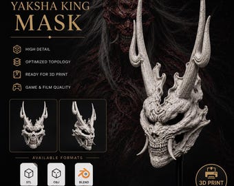 Puede incluir: Un archivo de modelo 3D de máscara Yaksha King con un diseño de cráneo blanquecino texturizado y muy detallado, con cuernos curvos prominentes y colmillos afilados. La pantalla digital incluye etiquetas de texto para detalles e impresión 3D.
