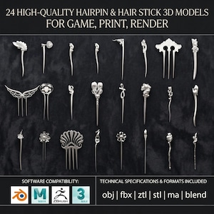 May include: A collection of 24 silver-colored hairpin and hair stick 3D models. The image includes various designs, such as floral, wing, and abstract shapes. Text at the top reads "24 HIGH-QUALITY HAIRPIN & HAIR STICK 3D MODELS FOR GAME, PRINT, RENDER."