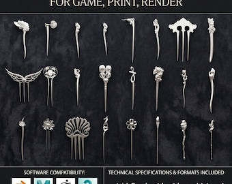 Puede incluir: Una colección de 24 modelos 3D de horquillas y palillos para el pelo de color plateado. La imagen incluye varios diseños, como formas florales, de alas y abstractas. El texto superior dice: "24 HIGH-QUALITY HAIRPIN & HAIR STICK 3D MODELS FOR GAME, PRINT, RENDER."