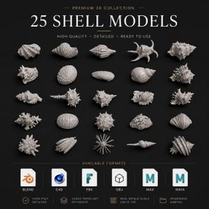 Puede incluir: Una colección de 25 modelos 3D de conchas grises dispuestos en una cuadrícula sobre un fondo negro. El texto dice Premium 3D Collection, 25 Shell Models, High Quality, Detailed, Ready to Use, Available Formats, Blend, C4D, FBX, OBJ, Max, Maya.