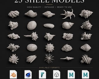 Puede incluir: Una colección de 25 modelos 3D de conchas grises dispuestos en una cuadrícula sobre un fondo negro. El texto dice Premium 3D Collection, 25 Shell Models, High Quality, Detailed, Ready to Use, Available Formats, Blend, C4D, FBX, OBJ, Max, Maya.