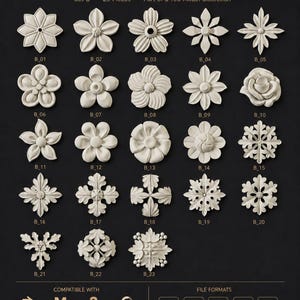 May include: A collection of 23 white floral blossom ornament models, part of a 150-model collection. The image displays various flower and starburst designs, labeled B_01 through B_23. Compatible with Blender, Maya, 3ds Max, and C4D. File formats include FBX, OBJ, MAX, C4D, and STL.