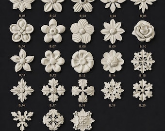 Puede incluir: Una colección de 23 modelos de adornos florales blancos, parte de una colección de 150 modelos. La imagen muestra varios diseños de flores y estrellas, etiquetados B_01 a B_23. Compatible con Blender, Maya, 3ds Max y C4D. Formatos de archivo: FBX, OBJ, MAX, C4D y STL.