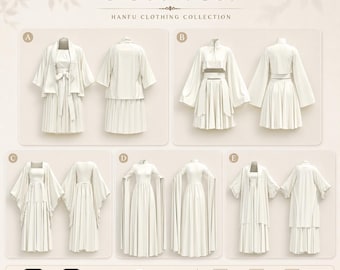 Puede incluir: Se muestran cinco conjuntos de ropa Hanfu blancos. Cada conjunto incluye diferentes estilos de tops, faldas y chaquetas. La imagen incluye el texto "5 Outfit Set" y "HANFU CLOTHING COLLECTION".