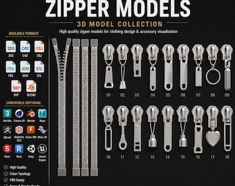 Puede incluir: Una colección de modelos 3D de cremalleras para ropa con varios diseños de tiradores metálicos numerados del 01 al 18, junto con cintas de cremallera. La imagen incluye etiquetas de texto para formatos de archivo y software compatible.