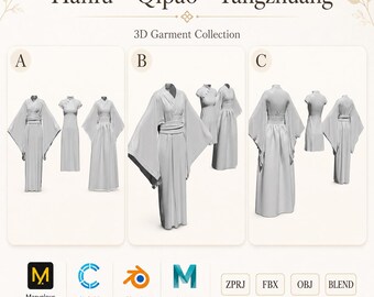 Puede incluir: Imagen que muestra una colección de prendas 3D de Hanfu, Qipao y Tangzhuang. La colección incluye tres diseños distintos, etiquetados A, B y C, cada uno con múltiples vistas de las prendas. También se muestran logotipos de software como Marvelous Designer, CLO 3D, Blender y Maya.