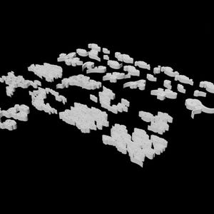 May include: A collection of white, three-dimensional decorative pieces featuring intricate, swirling cloud-like patterns. These individual components are arranged in a scattered formation, each displaying a raised, textured surface design.