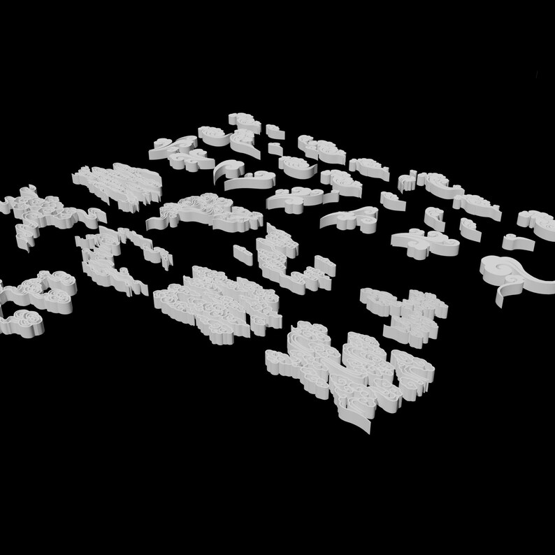 May include: A collection of white, three-dimensional decorative pieces featuring intricate, swirling cloud-like patterns. These individual components are arranged in a scattered formation, each displaying a raised, textured surface design.