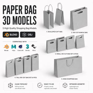 May include: A collection of 3D models of paper shopping bags in various styles. The image showcases a scalloped gift bag, a die-cut handle bag, a small die-cut bag set, a tall die-cut bag set, and a wide shopping bag. The text reads "PAPER BAG 3D MODELS."