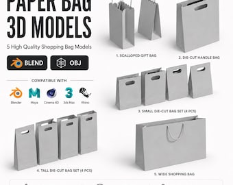 Puede incluir: Modelos 3D de bolsas de papel para compras, incluyendo una bolsa de regalo con volantes y bolsas con asas troqueladas. La imagen muestra diferentes estilos de bolsas, con el texto «PAPER BAG 3D MODELS» en la parte superior. Compatibles con varios softwares.