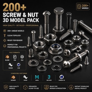 200+ Schraubenmuttern 3D Modelle | Industrial Hardware Kollektion (BLEND FBX OBJ)