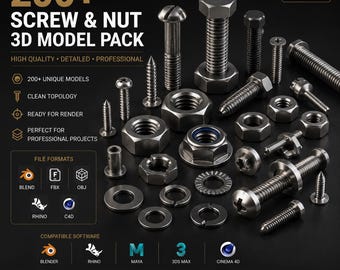 Más de 200 modelos 3D de tornillos y tuercas / Colección de herrajes industriales (BLEND FBX OBJ)