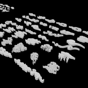 May include: A collection of white, three-dimensional cloud-shaped ornaments arranged in a scattered pattern against a black background. Each piece features distinct, stylized swirling lines and layered curves, showcasing various sizes and shapes.