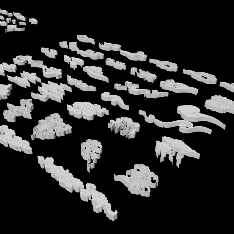 May include: A collection of white, three-dimensional cloud-shaped ornaments arranged in a scattered pattern against a black background. Each piece features distinct, stylized swirling lines and layered curves, showcasing various sizes and shapes.
