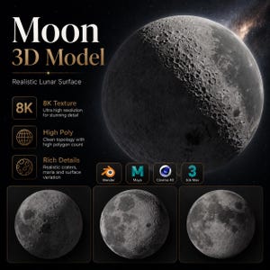 May include: A 3D model of the moon featuring a realistic lunar surface with craters and maria. The graphic includes text reading Moon 3D Model, 8K Texture, High Poly, and Rich Details, along with icons for Blender, Maya, Cinema 4D, and 3ds Max software.