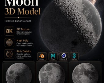 Puede incluir: Un modelo 3D de la luna con una superficie lunar realista con cráteres y mares. El gráfico incluye el texto Moon 3D Model, 8K Texture, High Poly y Rich Details, junto con iconos para el software Blender, Maya, Cinema 4D y 3ds Max.