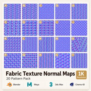 Op de afbeelding: Een raster van twintig stoftextuur normal maps in tinten blauw en paars. De afbeelding bevat de tekst "Fabric Texture Normal Maps 20 Pattern Pack 1K Resolution" en logo's voor Blender, Maya, 3ds Max en Cinema 4D.