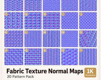 Puede incluir: Una cuadrícula de veinte mapas normales de texturas de tela en tonos azules y morados. La imagen incluye el texto "Fabric Texture Normal Maps 20 Pattern Pack 1K Resolution" y logotipos de Blender, Maya, 3ds Max y Cinema 4D.