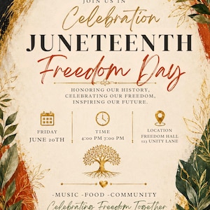 Puede incluir: Un folleto de evento para el Juneteenth Freedom Day con fondo crema, bordes de pinceladas doradas, negras y color óxido, y acentos de hojas verdes. El texto incluye: Join us in Celebration JUNETEENTH Freedom Day, Friday June 20th, 4:00 PM 7:00 PM, Freedom Hall 123 Unity Lane, Music Food Community, Celebrating Freedom Together, Together we remember. Together we rise.