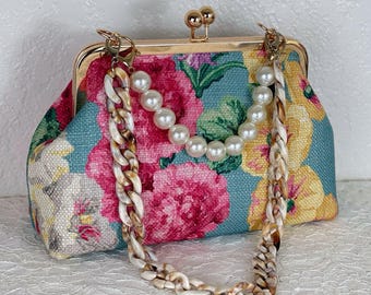 Bolso de mano con estampado floral, bolso de alta costura, modelo de moda y pasarela, regalo de cumpleaños, tela del Reino Unido, regalo del Día de la Madre, bolso hecho a mano