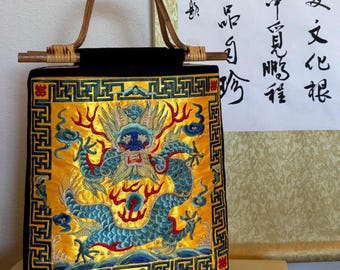 Bolso grande / Bolso de dragón y fénix / Regalo de cumpleaños / Regalo de San Valentín / Bolso grande / Regalo de boda / Asa de bambú / Bolso de dragón / Bolso de fénix
