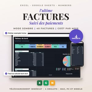 Puede incluir: Una plantilla de hoja de cálculo para el seguimiento de facturas compatible con Excel, Google Sheets y Numbers. La interfaz muestra un panel en modo oscuro con resúmenes financieros, un gráfico circular y una vista móvil. Incluye 4 pestañas, cálculos automatizados y un archivo de ejemplo.
