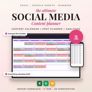Social media planner, content calendar, calendrier éditorial et publications — Excel, Google Sheets et Numbers — fichier en anglais