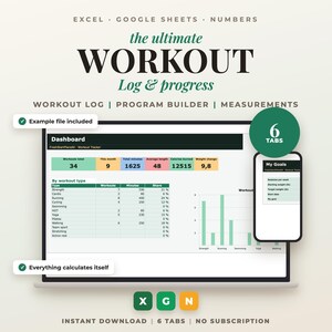 Workout Tracker and Fitness Planner for Google Sheets and Excel, Exercise Log and Weight — English File