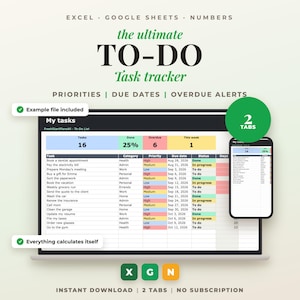 Lista de tareas, planificador diario, prioridades y plazos, seguimiento de tareas, prioridades y fechas — Excel y Google Sheets — en inglés