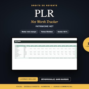 Peut inclure: Un modèle de feuille de calcul pour le suivi de la valeur nette avec droits PLR. L'interface affiche un tableau de suivi des dettes avec des colonnes pour les mois et des lignes pour diverses dettes. Texte : DROITS DE REVENTE, PLR, Net Worth Tracker.