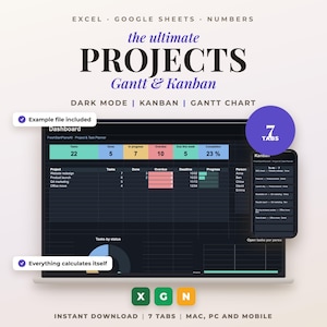 Peut inclure: Un modèle de tableau de bord de gestion de projet numérique pour Excel, Google Sheets et Numbers. L'interface présente un thème sombre avec des vues Gantt et Kanban, des tableaux de suivi des tâches, des indicateurs de statut et une vue mobile.