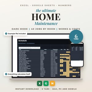 Peut inclure: Un modèle numérique de planning d'entretien de la maison pour Excel, Google Sheets et Numbers. L'interface présente un mode sombre avec 40 tâches organisées par pièce, fréquence et cases à cocher mensuelles. Inclut 6 onglets, compatibilité mobile et calculs automatiques.