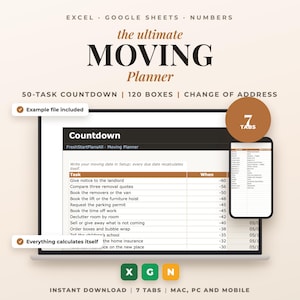 Może przedstawiać: Cyfrowy szablon planera przeprowadzek dla Excel, Google Sheets i Numbers. Ekran pokazuje listę zadań z kolumnami na zadania i daty. Zawiera widok mobilny z 7 zakładkami oraz ikony dla oprogramowania X, G i N.