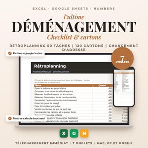 Könnte beinhalten: Eine digitale Umzugs-Checkliste für Excel, Google Sheets und Numbers. Die Anzeige zeigt einen Rückwärtsplan mit 50 Aufgaben, 120 Kartons und Adressänderungs-Tracking. Enthält eine mobile Ansicht, 7 Registerkarten und automatische Berechnungen.