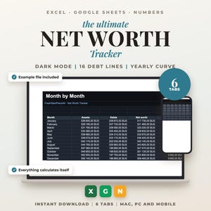 Nettoförmögenhetsspårare, mörkt läge, kalkylblad för nettoförmögenhet, nettoförmögenhet — Excel, Google Sheets och Numbers — Engelsk fil