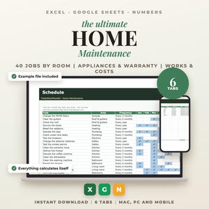 Peut inclure: Un modèle numérique de calendrier d'entretien ménager pour Excel, Google Sheets et Numbers. L'affichage présente une liste de tâches avec des colonnes pour la zone et la fréquence, incluant 6 onglets, une compatibilité mobile et des calculs automatiques.