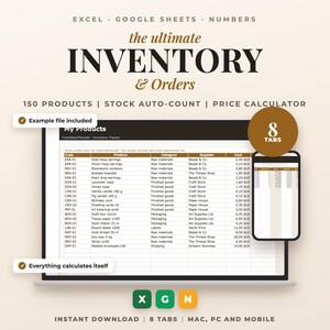 Peut inclure: Un modèle de feuille de calcul numérique pour le suivi des stocks et des commandes, compatible avec Excel, Google Sheets et Numbers. L'affichage présente une liste de produits avec des colonnes pour le code, le produit, la catégorie, le fournisseur et le coût, incluant 8 onglets et une fonction de calcul automatique pour 150 produits sur ordinateur et mobile.