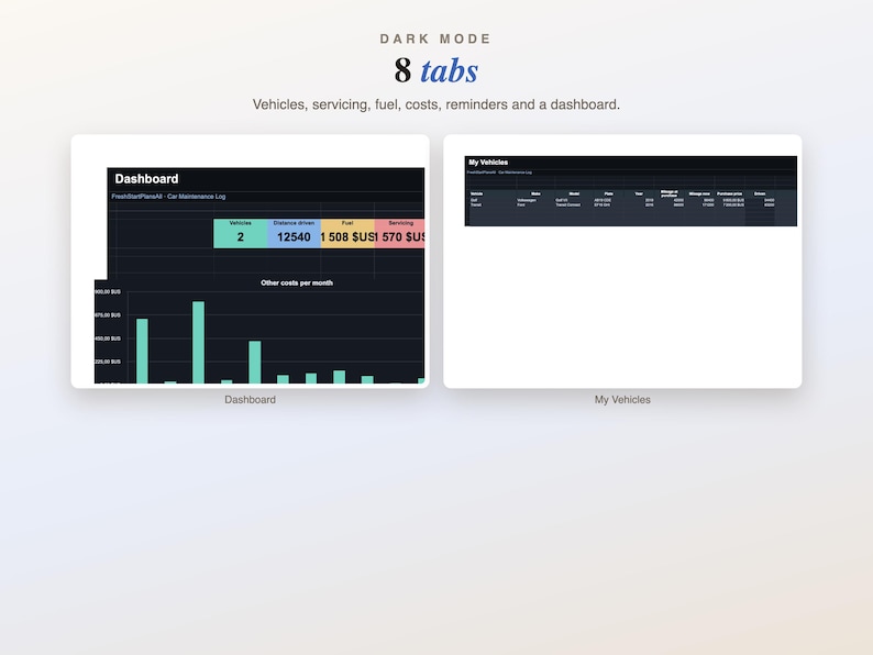 Dark Mode Car Maintenance Log Excel Google Sheets : Vehicle Service Log ...