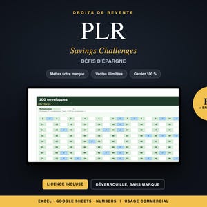Può includere: Un tracker digitale per sfide di risparmio con il testo DROITS DE REVENTE PLR Savings Challenges DÉFIS D'ÉPARGNE. L'interfaccia mostra una griglia di 100 buste numerate, alcune contrassegnate da spunte blu, compatibile con Excel, Google Sheets e Numbers.