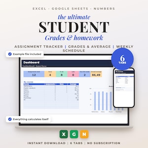 Schülerplaner, Aufgabenübersicht, Hausaufgaben, Noten und Stundenplan – Excel, Google Tabellen und Numbers – Englische Datei