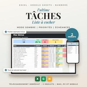 Peut inclure: Un tableur de suivi de tâches pour Excel, Google Sheets et Numbers. L'interface propose un mode sombre, des niveaux de priorité et des échéances. Il inclut un tableau de bord récapitulatif avec des totaux, des pourcentages et un aperçu mobile.