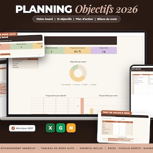 May include: A digital planning dashboard for 2026 displayed on a laptop, tablet, and smartphone. The interface features charts, progress bars, and tables in neutral tones. Text includes PLANNING Objectifs 2026, 7 ONGLETS, 150 ÉTAPES, AUTO FORMULES, and EXEMPLE INCLUS.